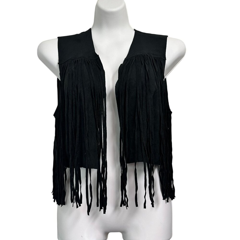 Kontrol Women's Black Open Front Cropped Faux Suede Fringe Vest Size Large